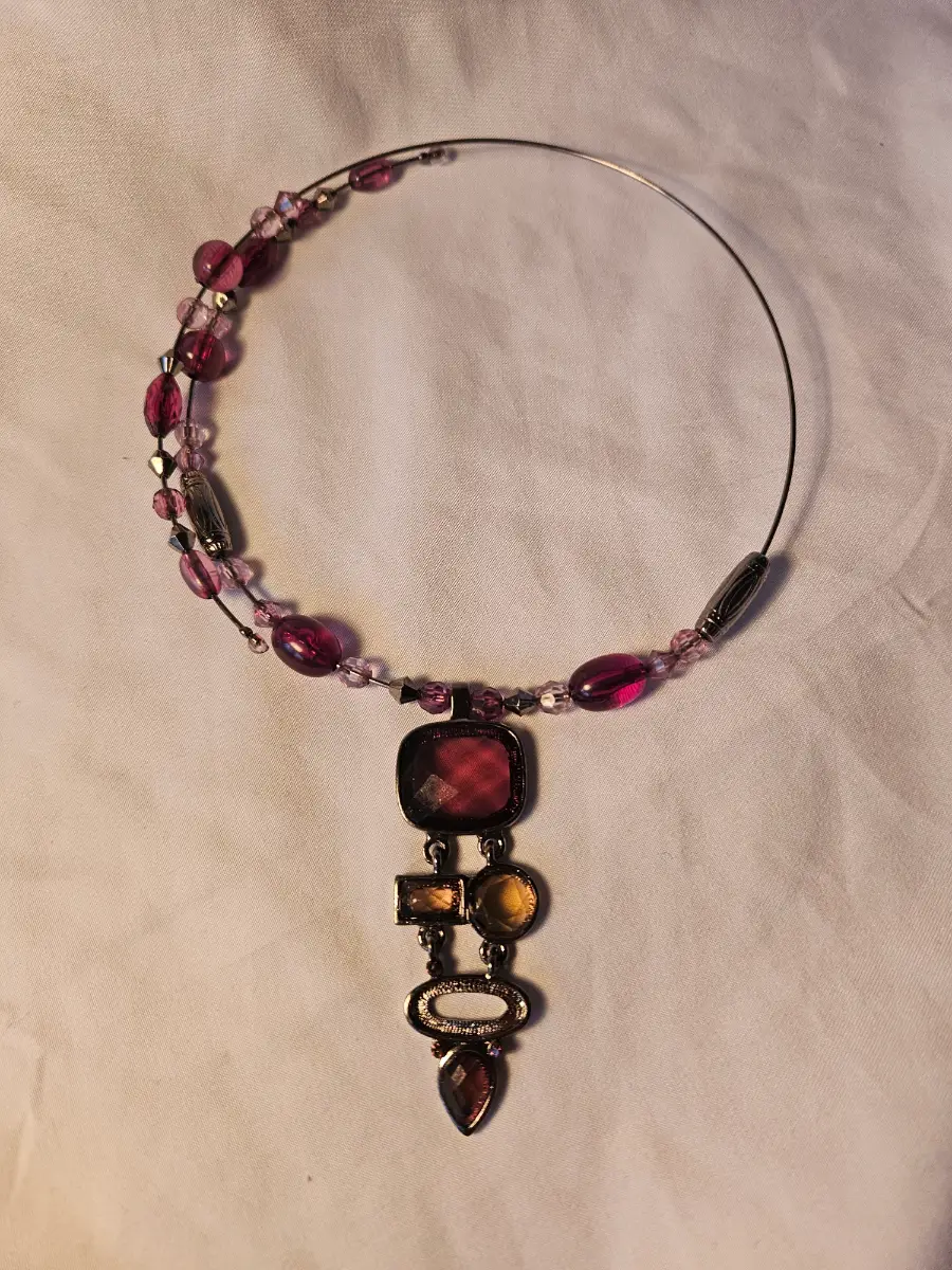Y2k Whimsigoth wire choker plum & amber geometric crystal drop necklace