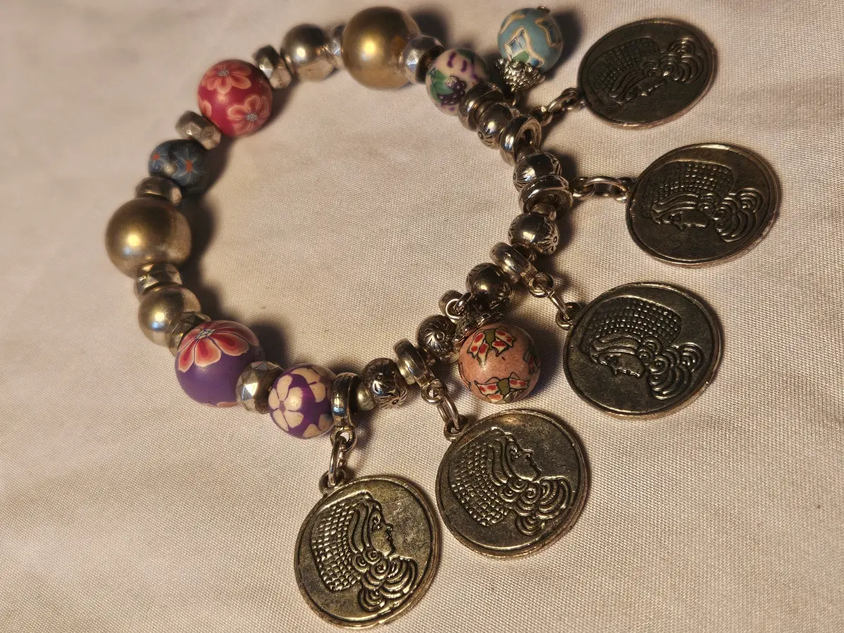 Boho silver gold coin charm bracelet millefiori polymer clay  beads chunky stretch