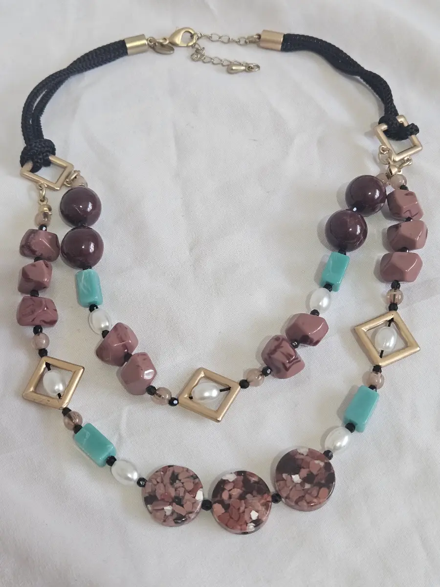Double strand boho bead necklace mauve turquoise gold pearl