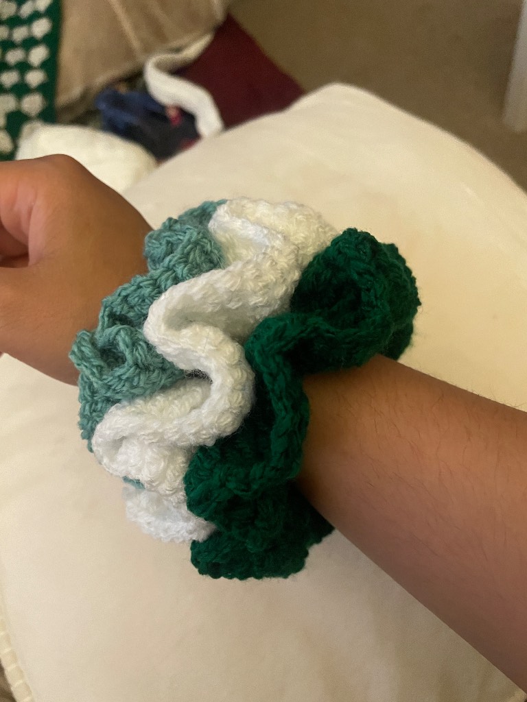 Set of 3 Cute handmade crochet scrunchies white dark green and teal