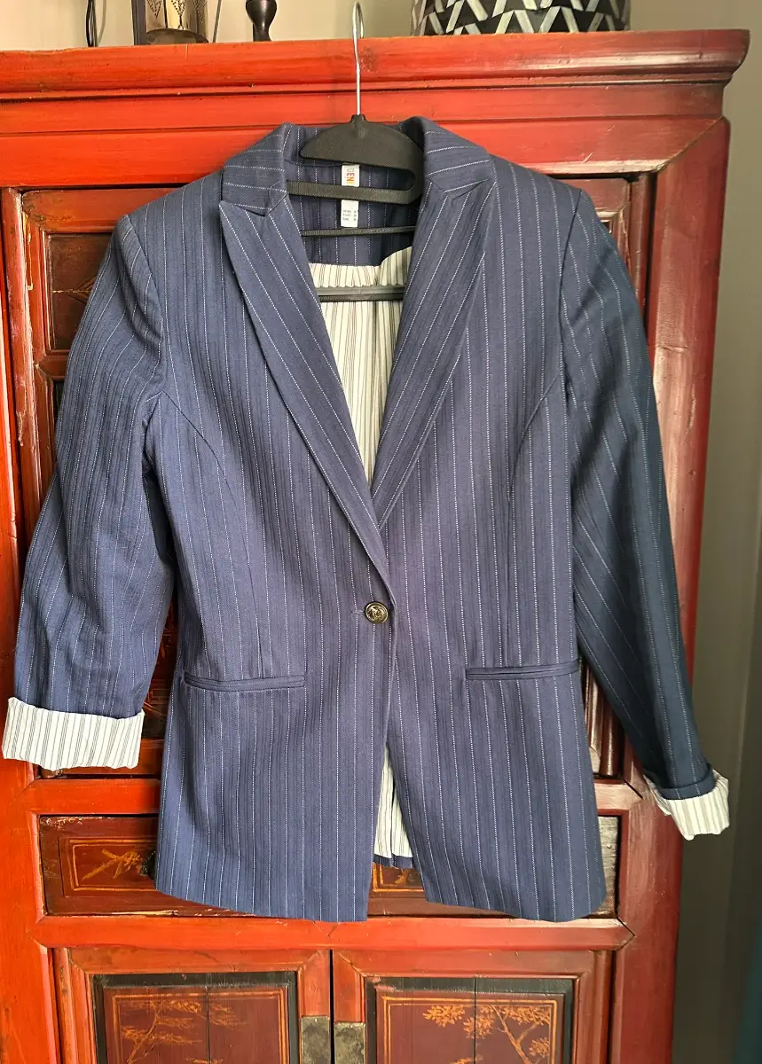 Navy Pinstripe Blazer | Denim Co | UK 10 | Nautical Anchor Button | Cotton