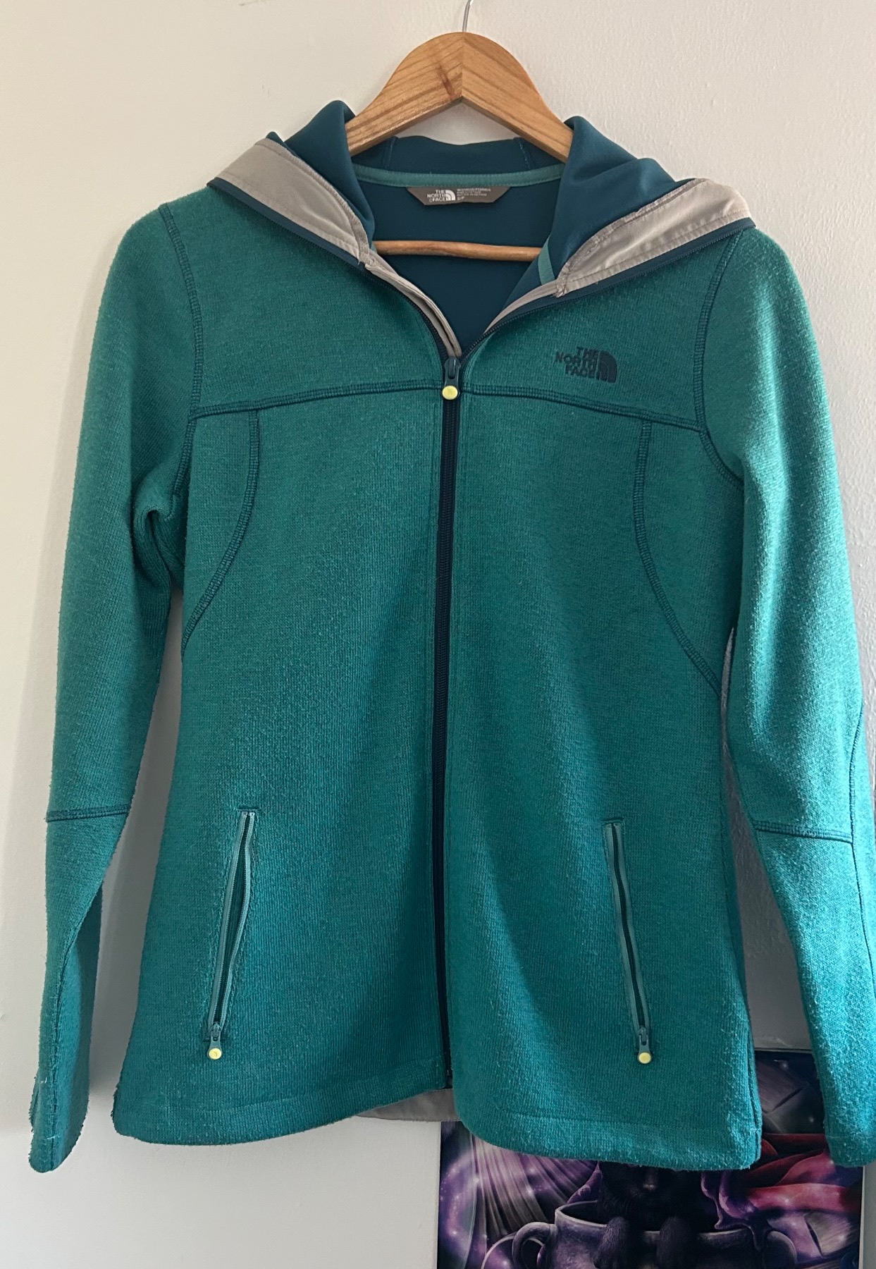 The North Face teal sunset crescent knit hoodie. Size S