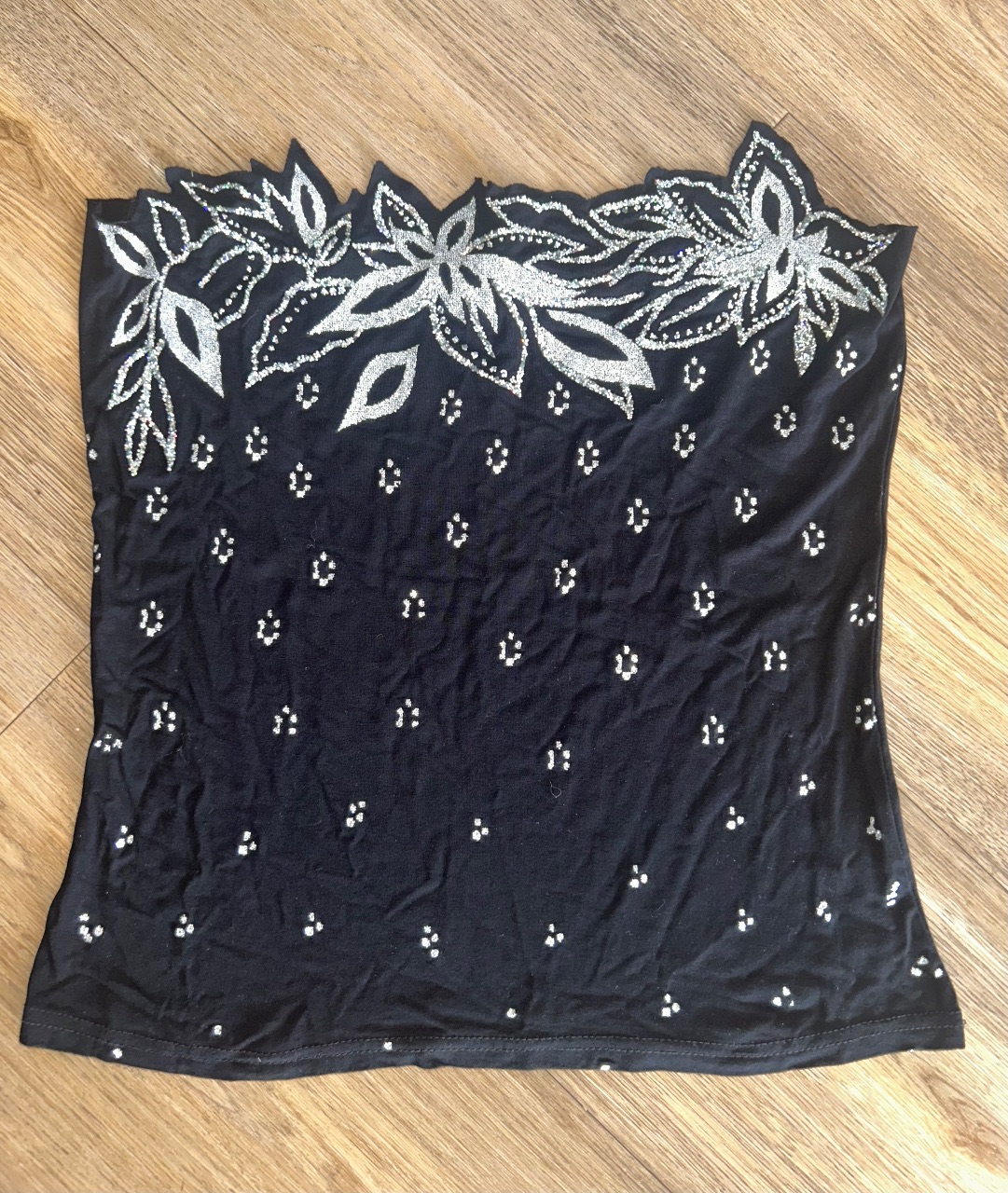 Vintage Jane Norman Y2K Black Bandeau strapless Top Silver Floral Glitter detail