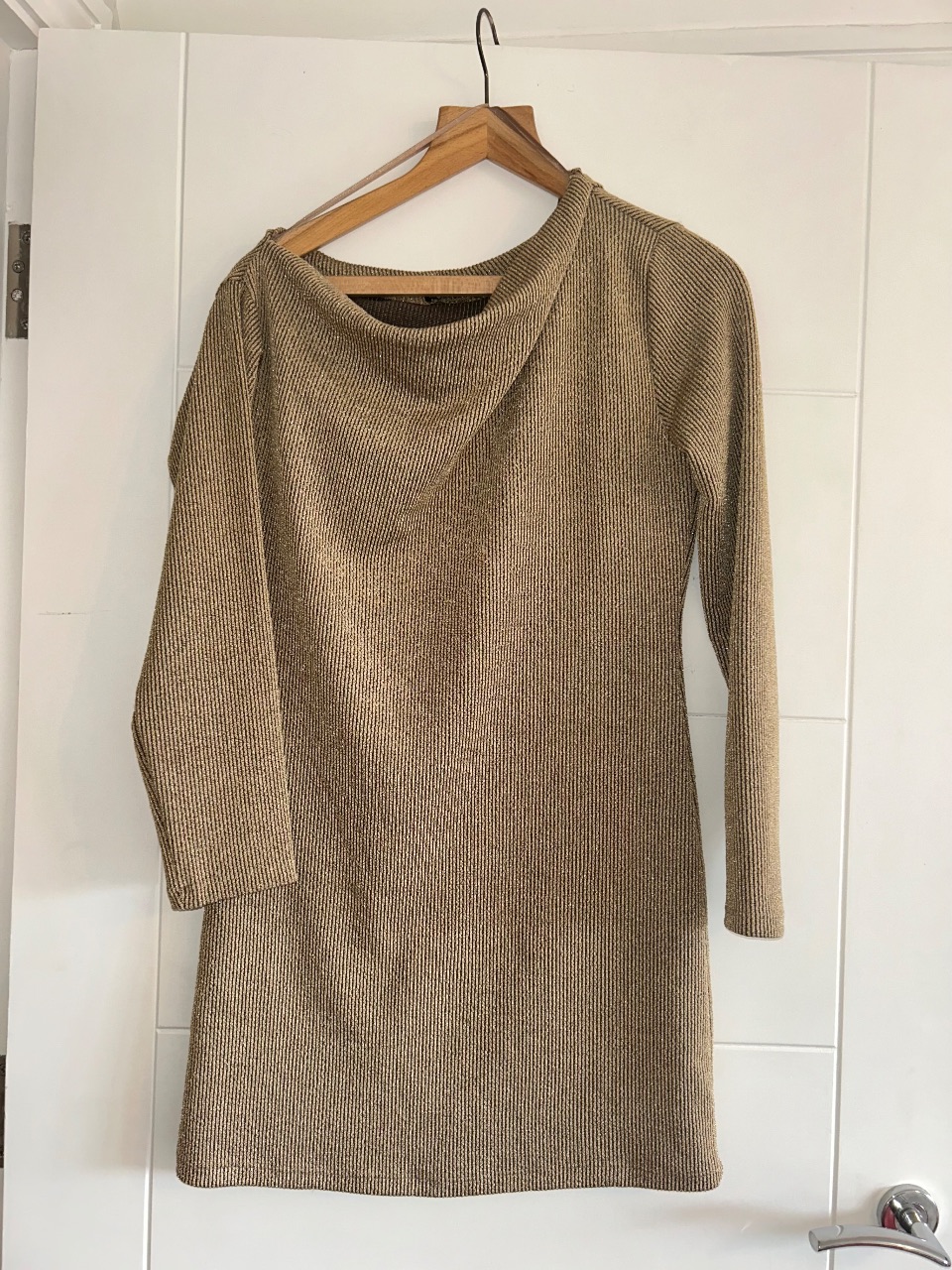 Zara Gold Metallic Ribbed Knit Mini Dress Shimmer Size L