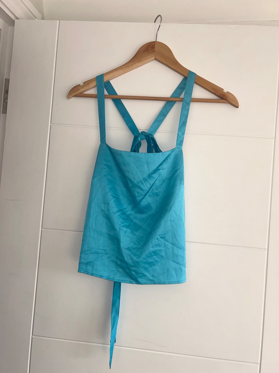 ASOS Blue Satin Crop Top UK 14 Halter Neck Backless Tie Summer Party