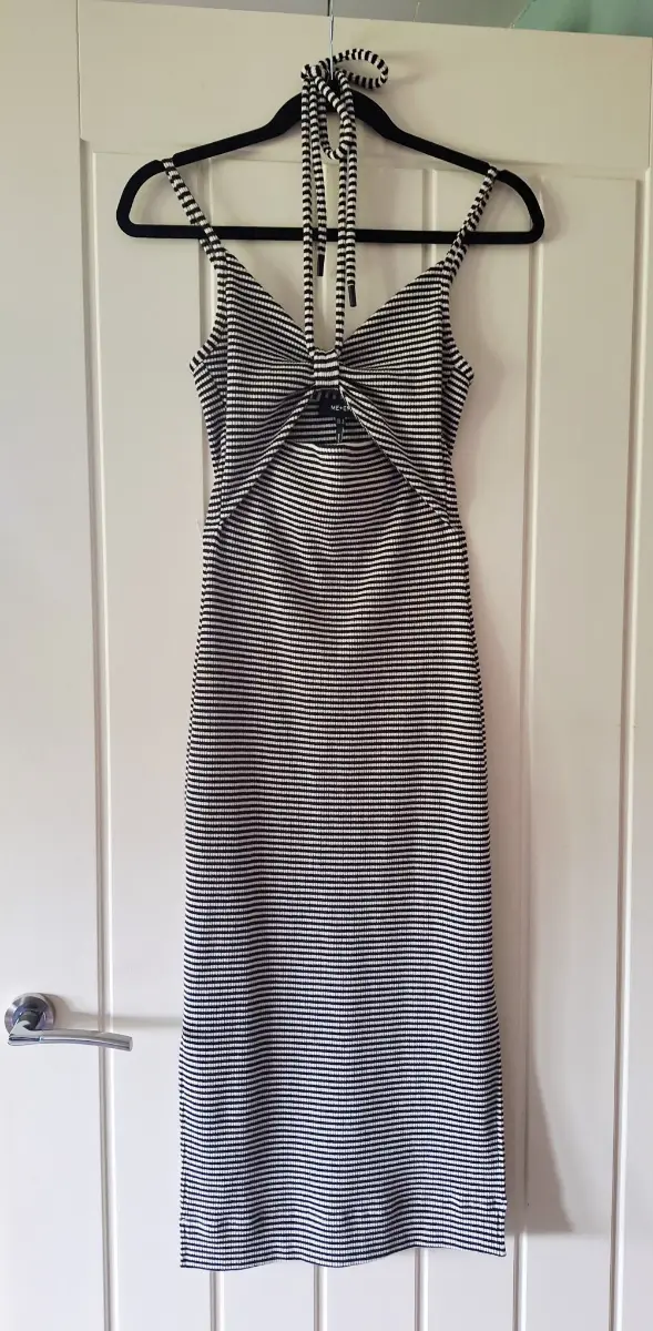 ME+EM Black/White Cotton Blend Ribbed Halterneck Midi Dress