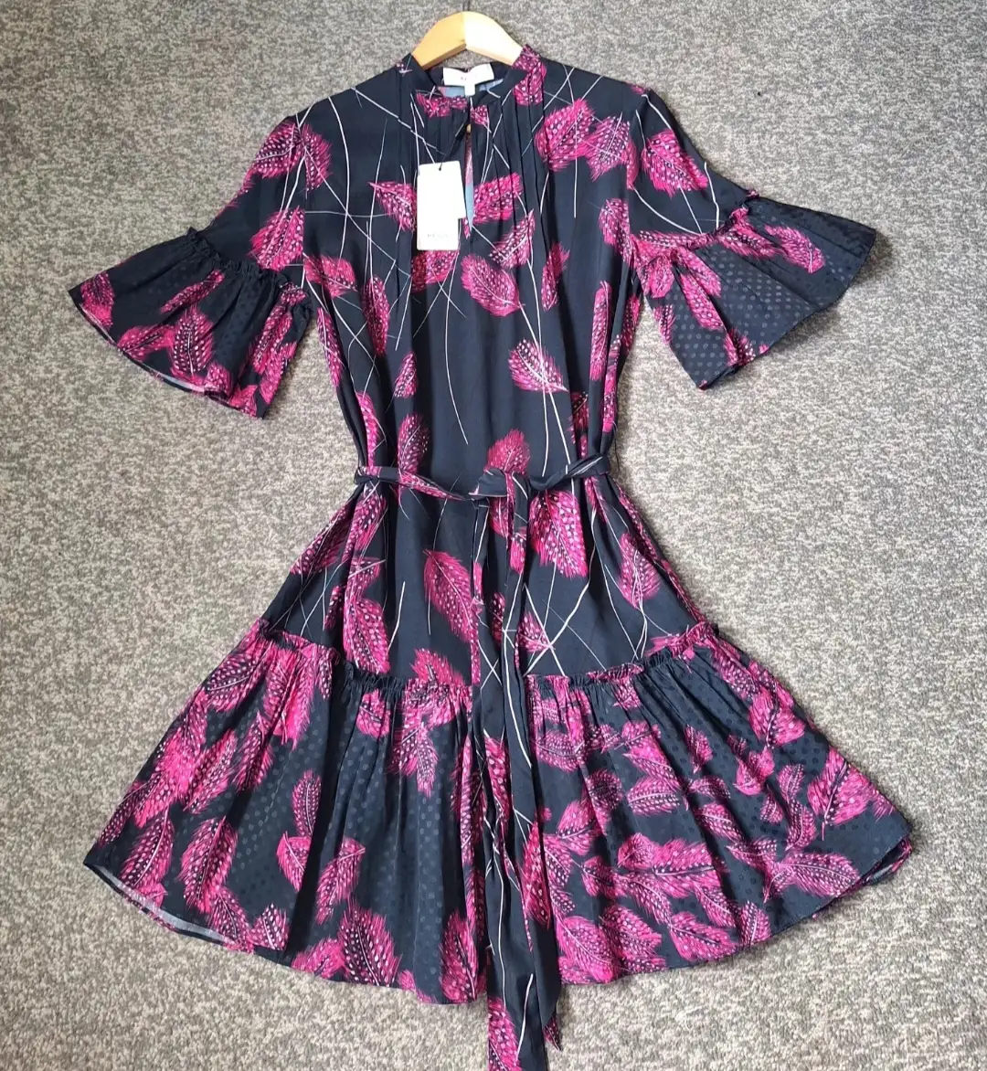 Reiss Marsali Black/Pink Feather Design Belted Mini Dress
