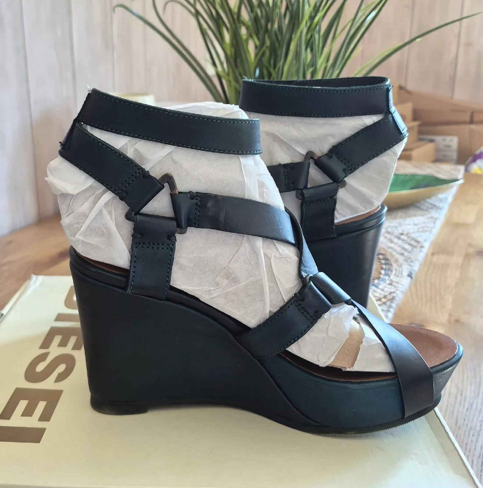 Diesel Designer Dark Green Leather Wedge Sandals