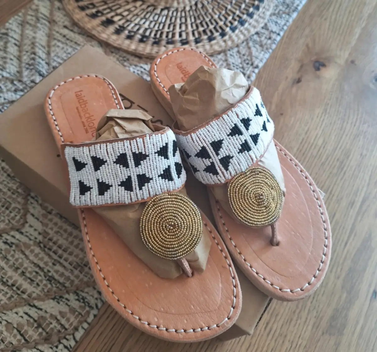 Laidback London Heron Hippy Boho Black/White Beaded Leather Sandals