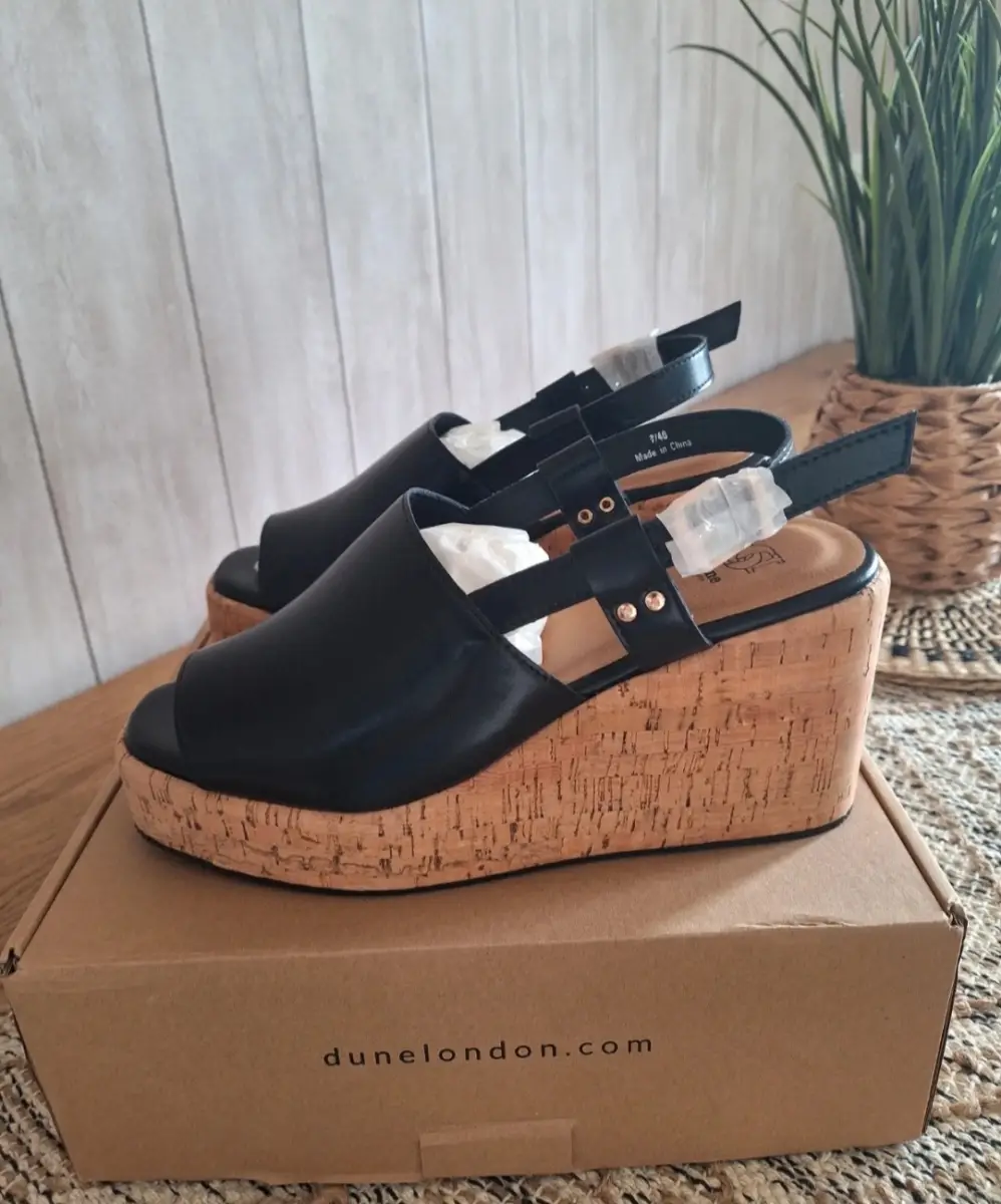 Dune London Black Leather Wedge Sandals