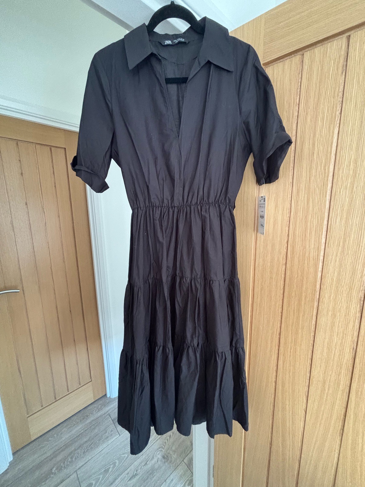 Zara Black Woven Cotton Shirt Dress – Collared – Elastic Waist – Midi – M