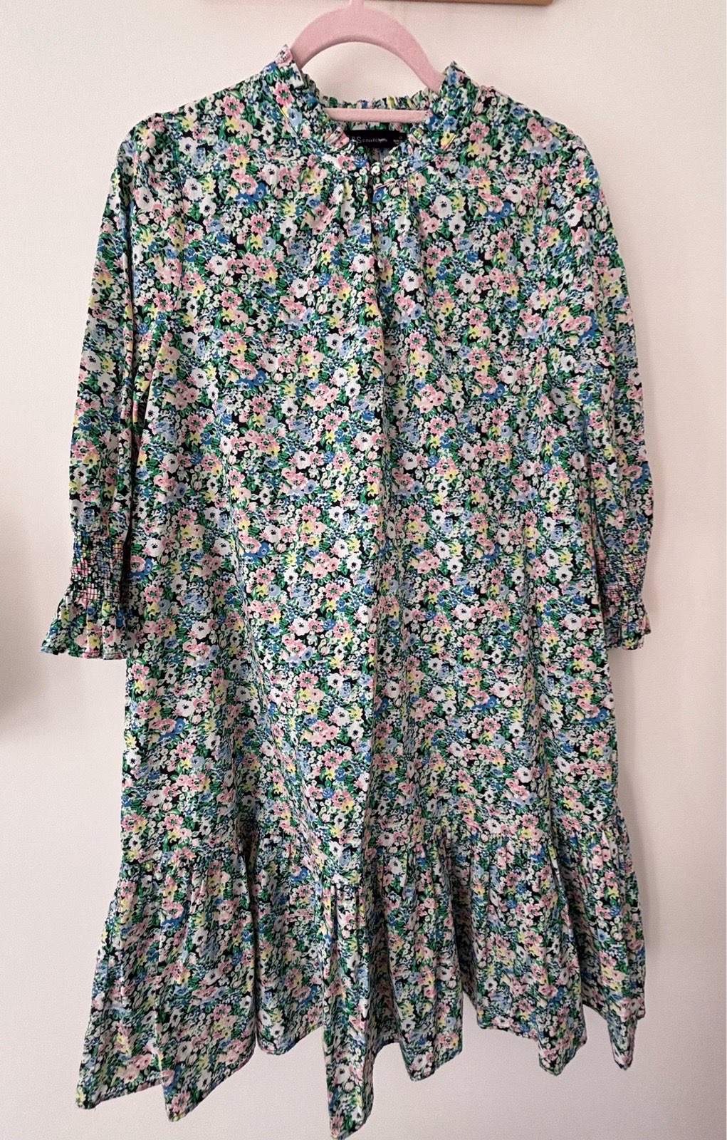 🌸 M&S Collection 100% Green Cotton Floral Tiered Dress – UK 12