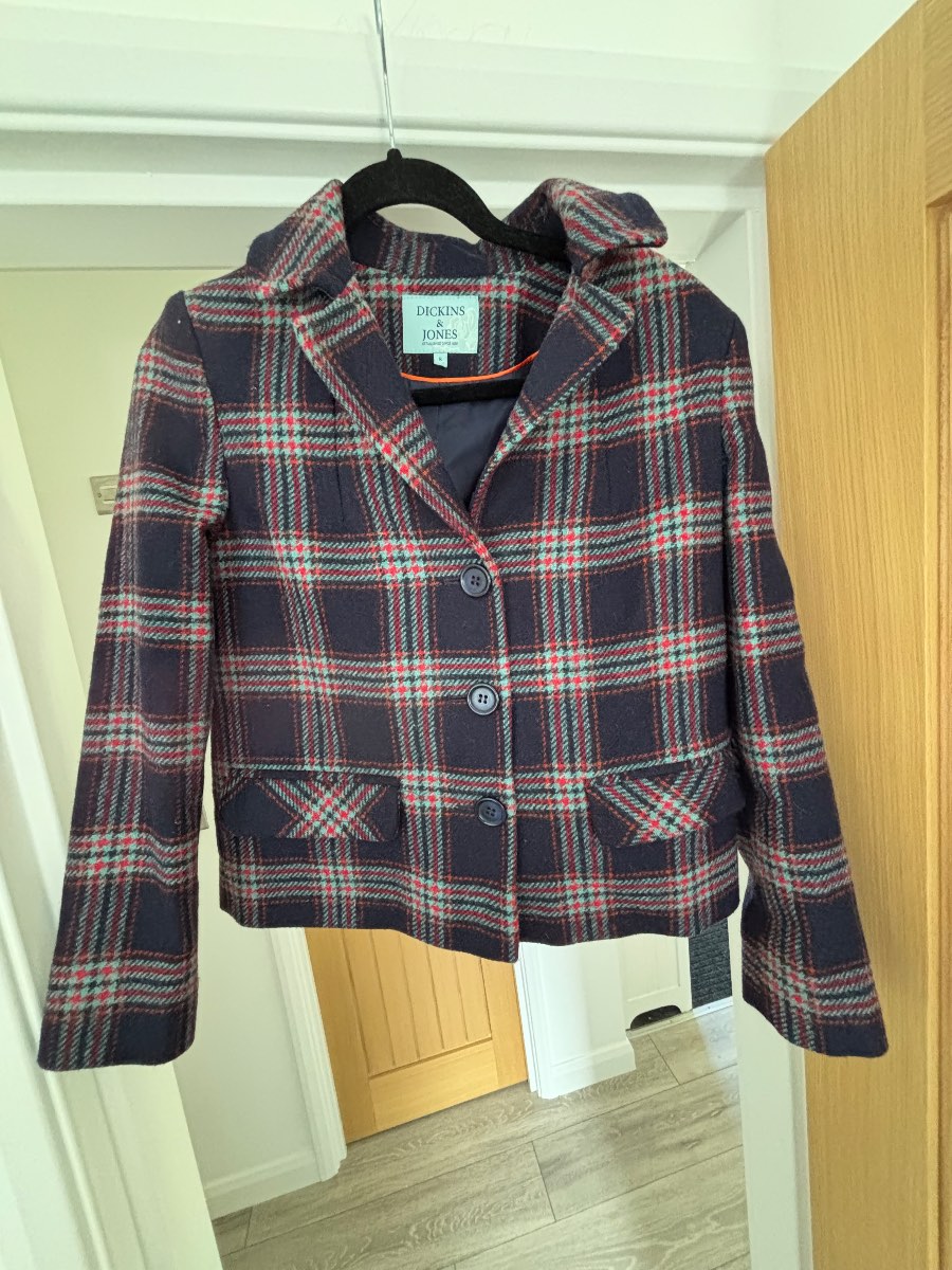 🧥 Dickins & Jones British Cloth Wool Navy Tartan Jacket Size 8