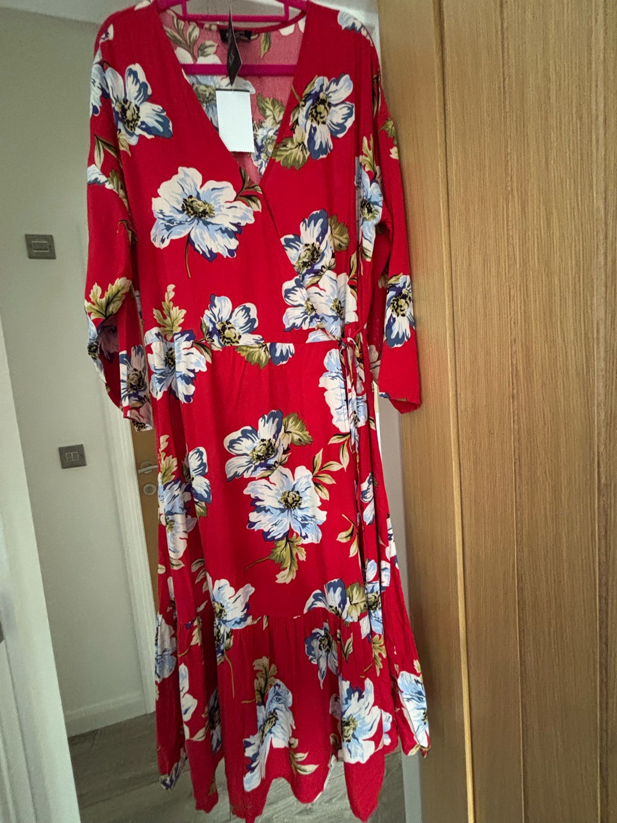 ❤️ JD Williams Red Floral Wrap-Style Midi Dress – UK 16 – New With Tags