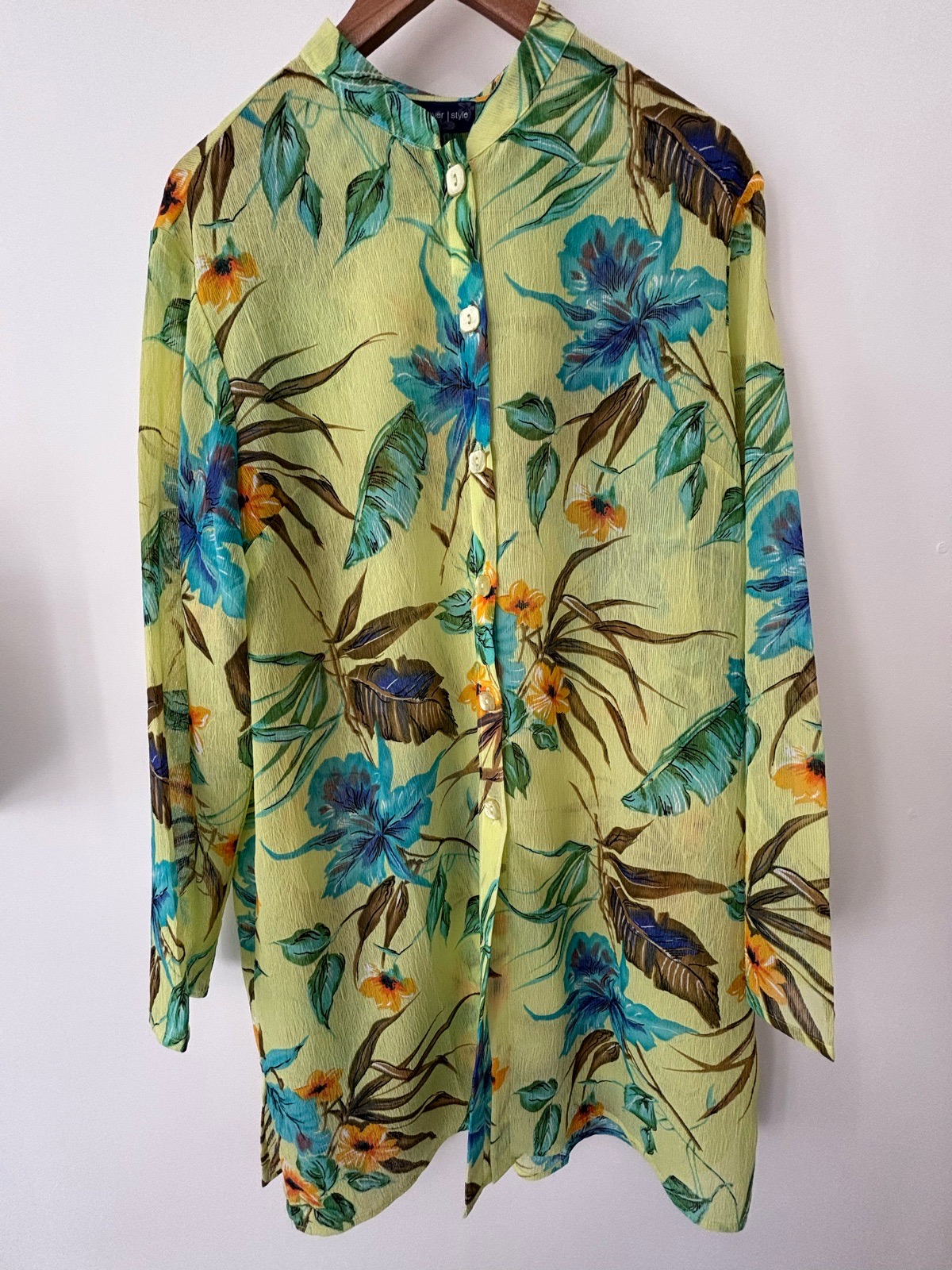 🌺 Susan Graver Style Lime Green Tropical Floral Blouse – Size L