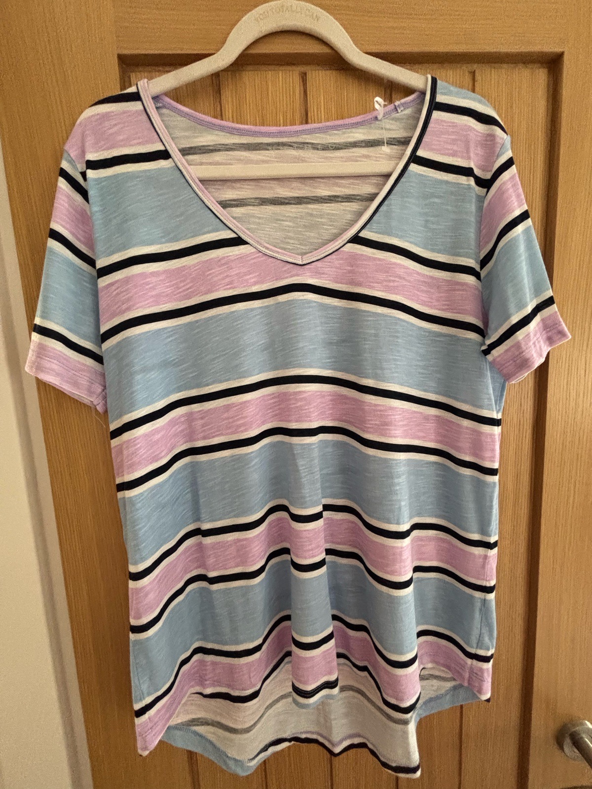 Nutmeg Pastel Stripe Cotton BlendV-Neck Top – Size 16 💜🩵