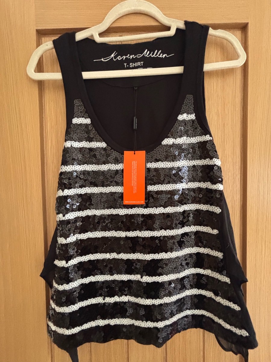 Karen Millen Black Sequin Stripe Sleeveless Top  Size 14 BNWT