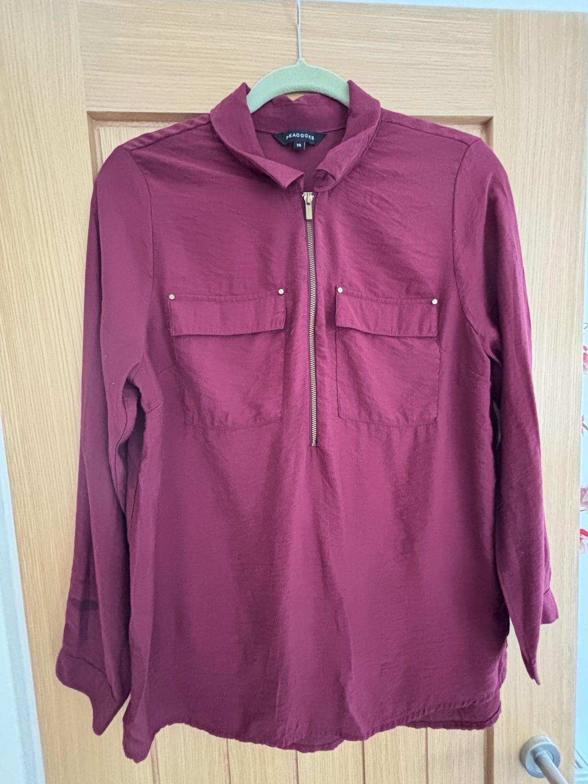 🍷 Peacocks Burgundy Zip Front Utility Shirt – Size 14
