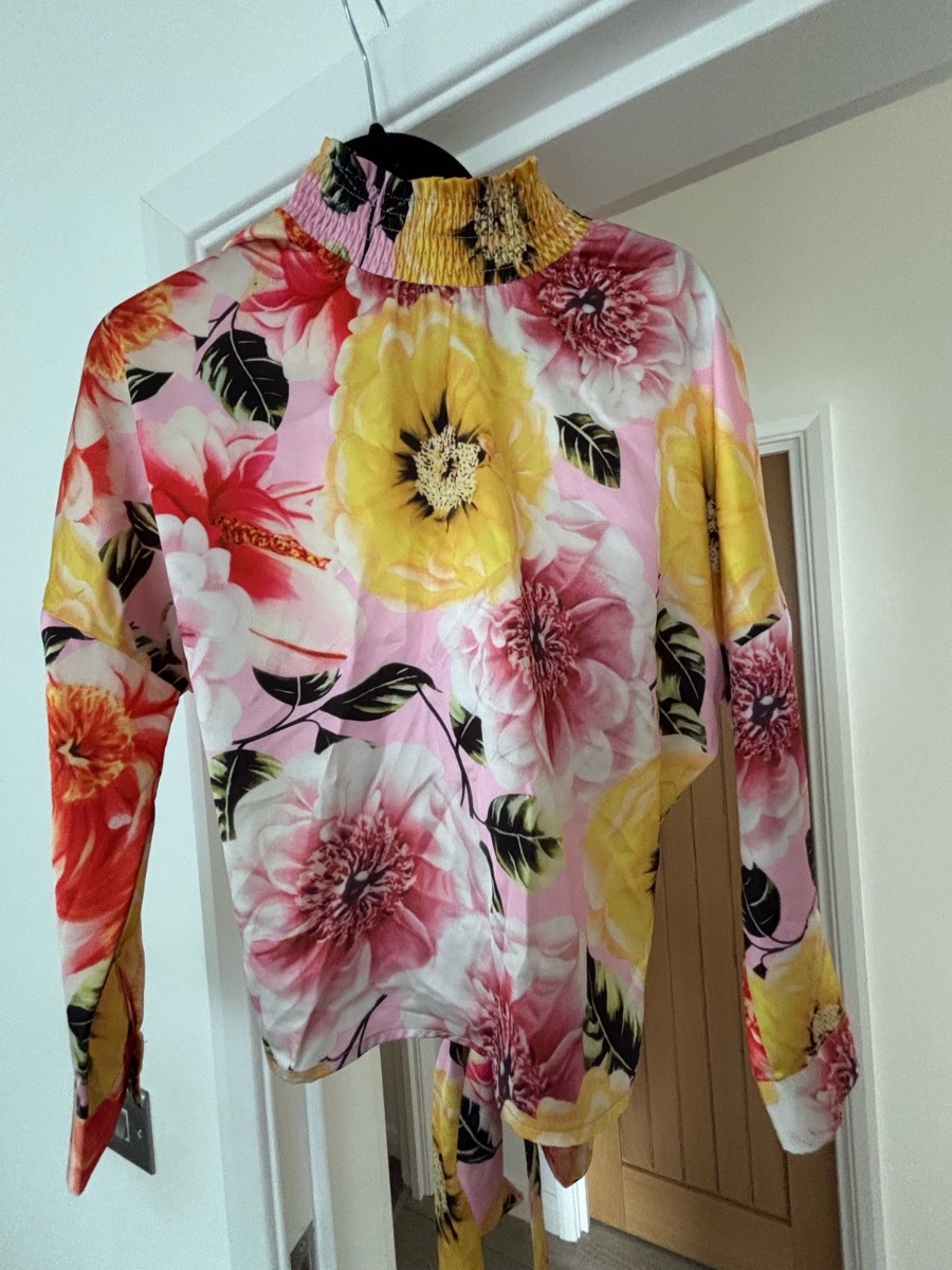 Next Pink and Yellow Floral High Neck Tie Back Blouse – UK 8