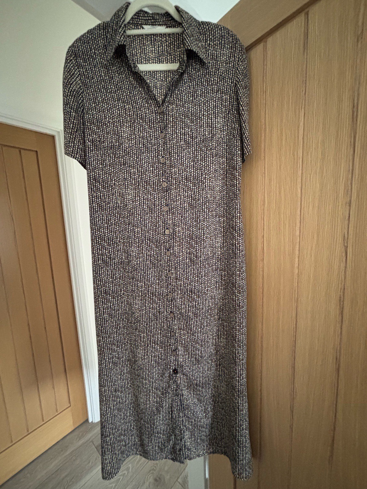 M&S Vintage Navy and Beige Printed Shirt Dress Size S