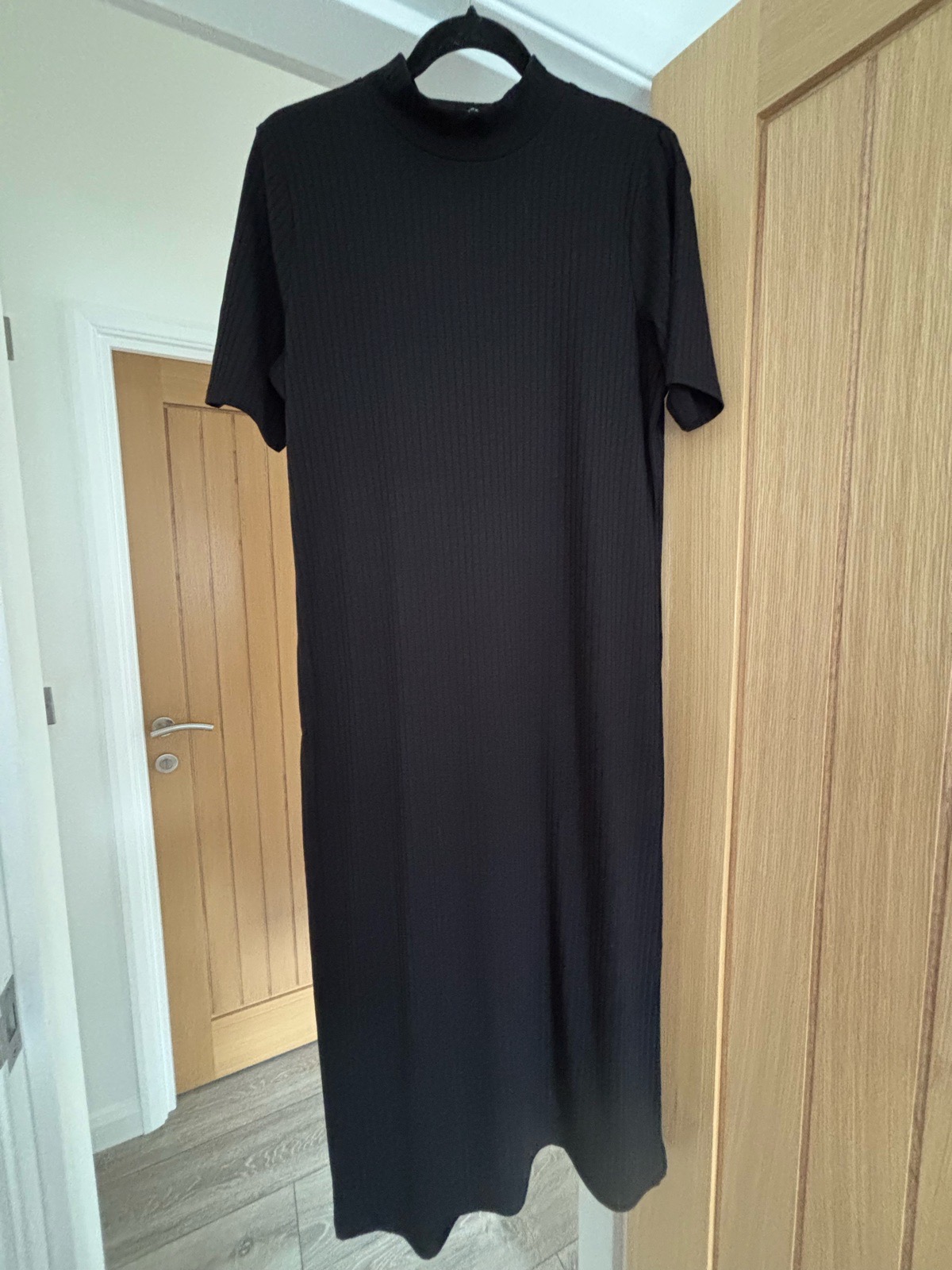 🖤 Peacocks Black Ribbed Midi Dress – High Neck – Size 14