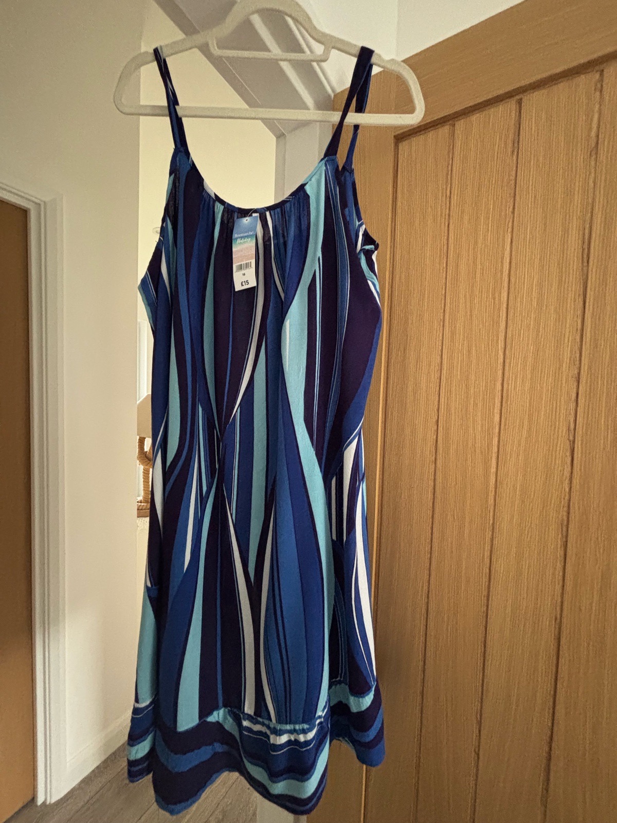 💙 Bonmarché Holiday Blue & Turquoise Striped Strappy Dress – UK 16 – BNWT