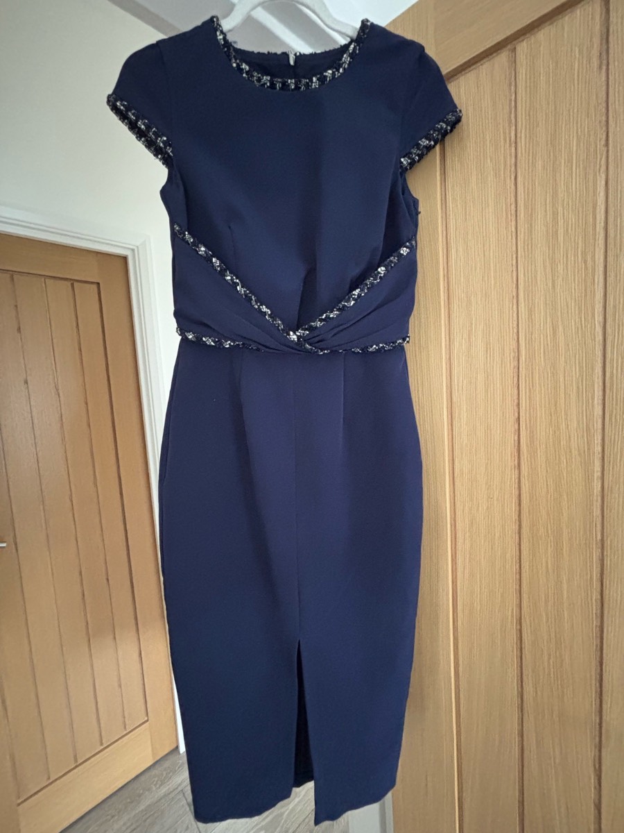 Paper Dolls Navy Pencil Dress with Tweed Trim – Occasion Dress – BNWT – UK 8