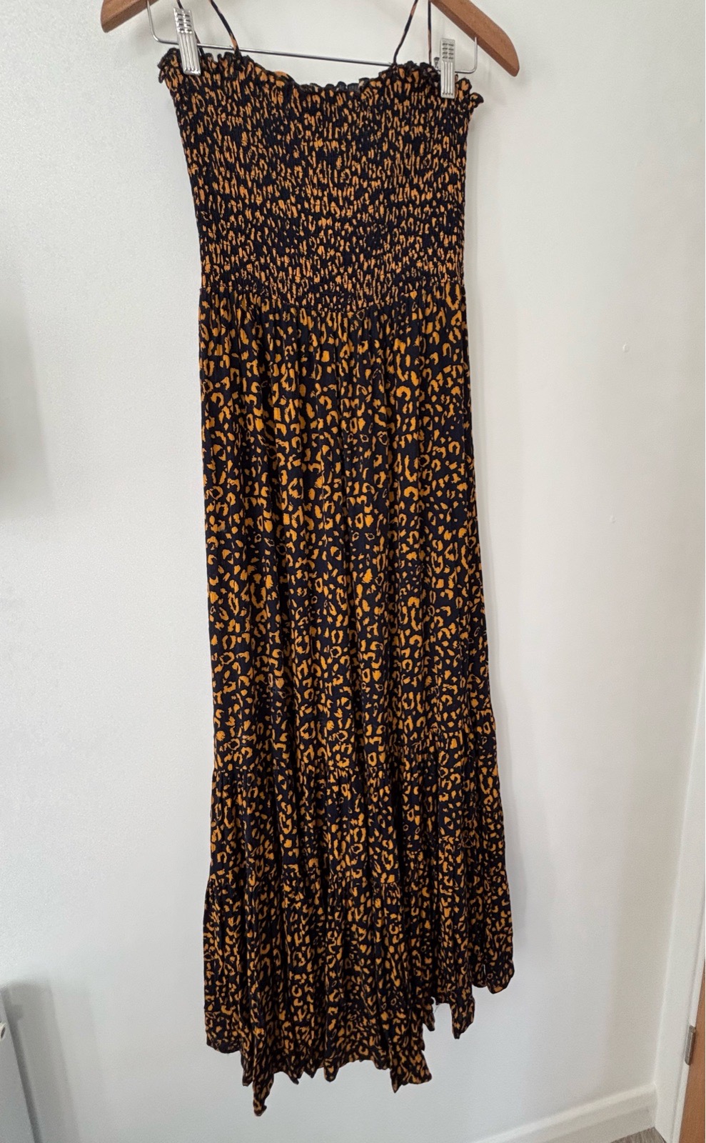 New Look navy & mustard animal print tiered maxi dress – UK 14