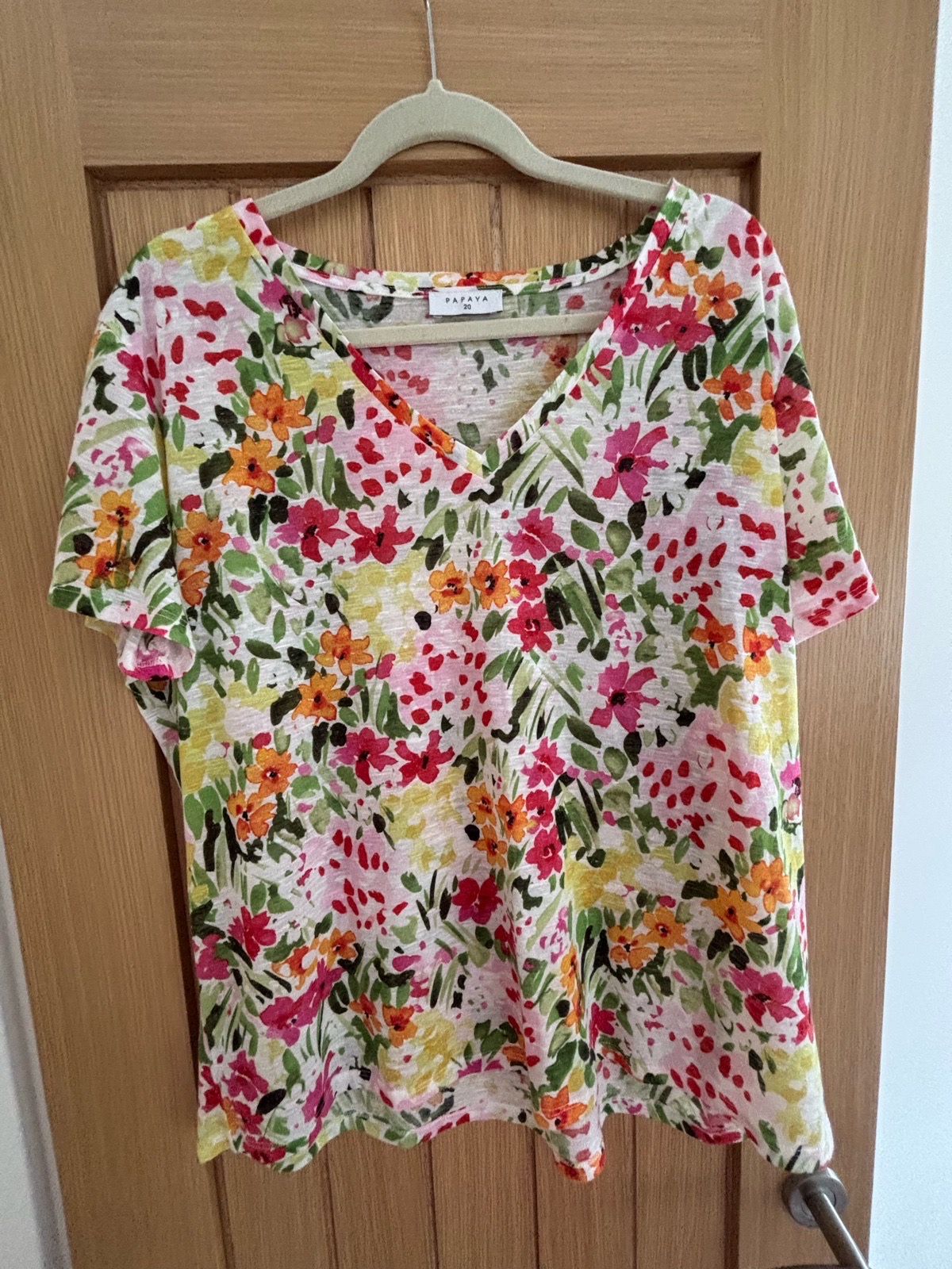 Papaya Floral Print Top With Linen – Size 20 🌸🌿