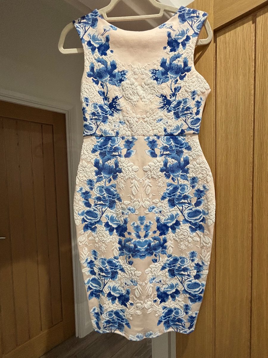 💙 Lipsy London Blue & Nude Floral Bodycon Dress – UK 10