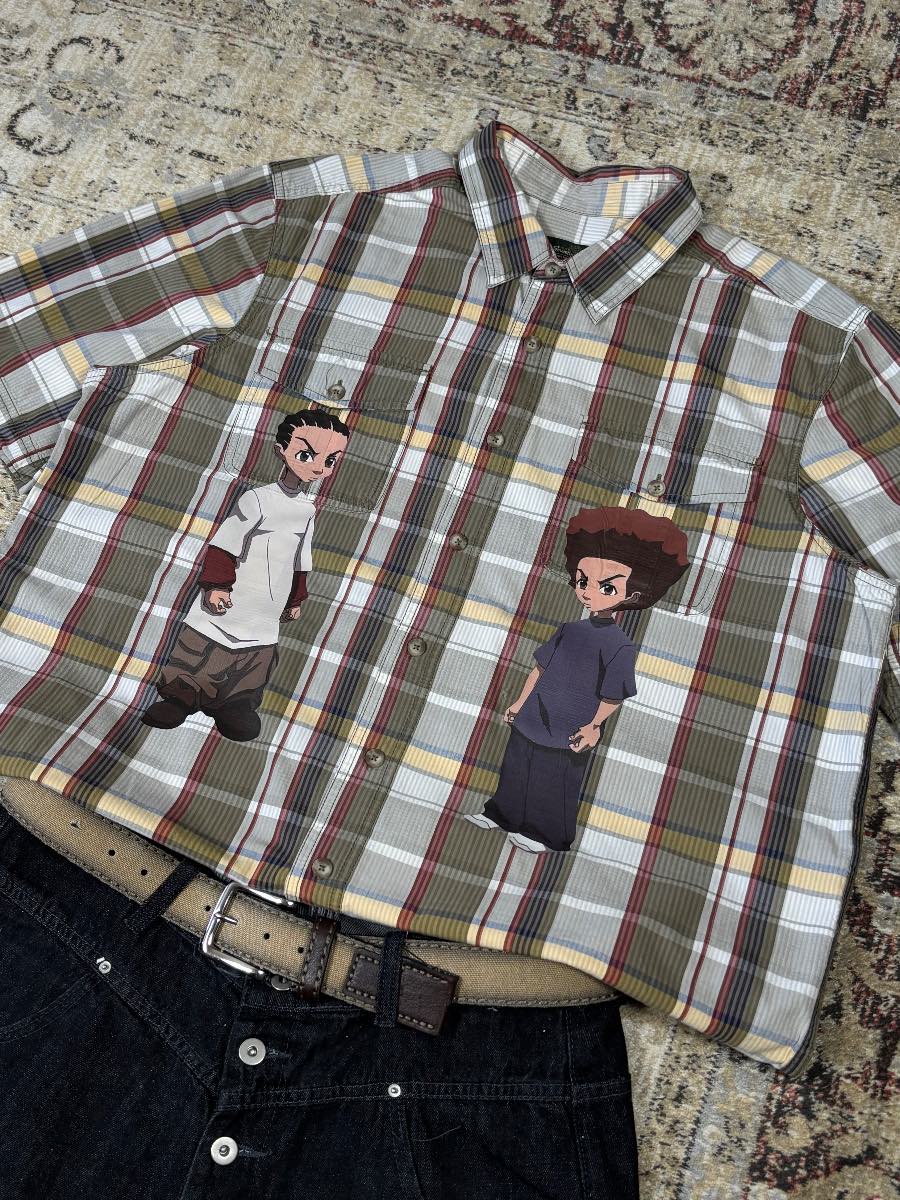 boondocks on a vintage eddie bauer check shirt in khaki brown burgundy