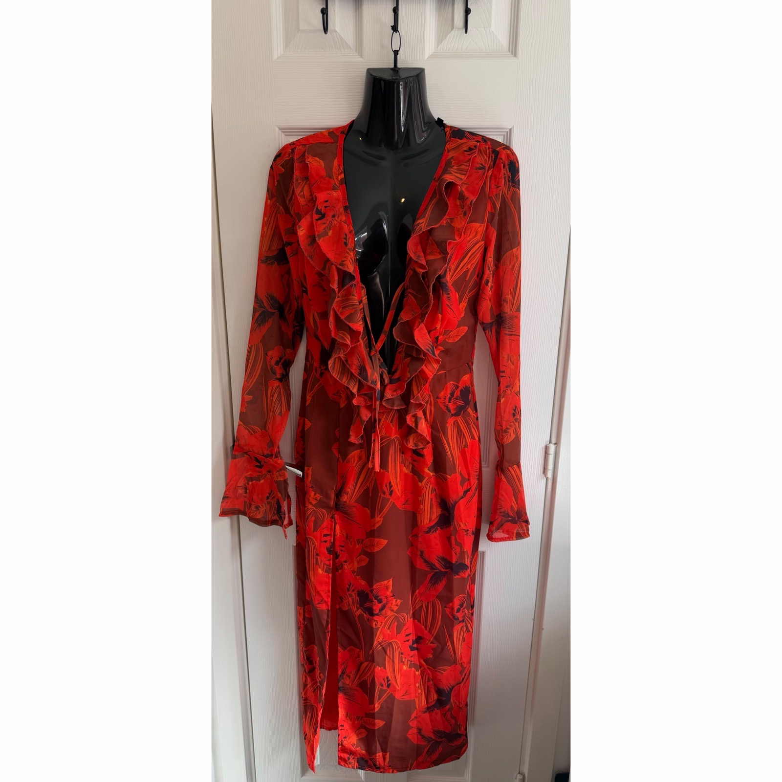 BNWT PrettyLittleThing Red Floral Print Chiffon Frill Detail Midi Dress UK 10