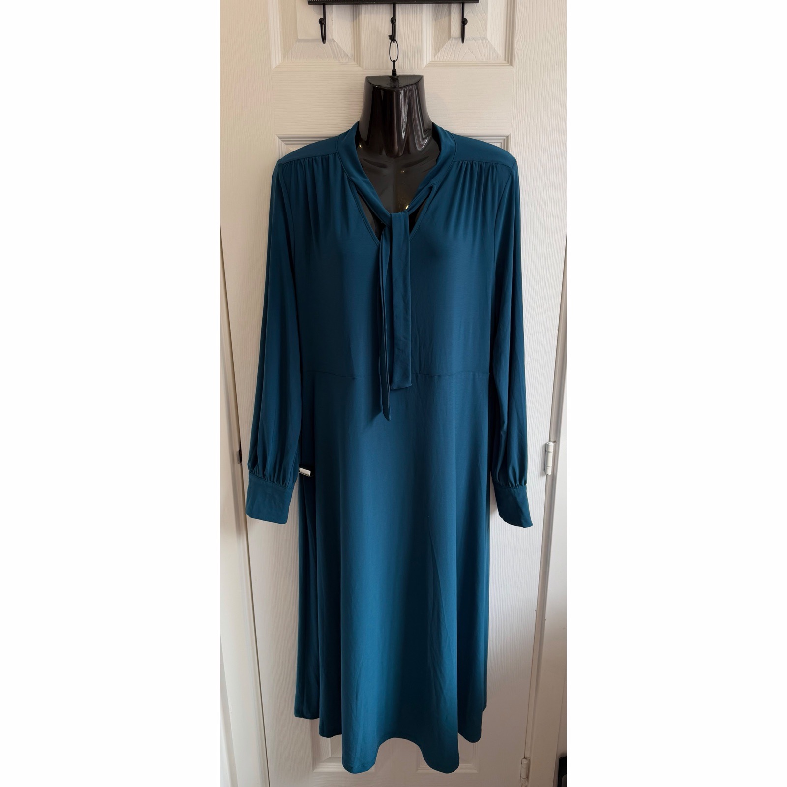 Wallis Teal Blue Tie Neck Midi Dress Long Sleeve Smart Work NWT Size UK 16