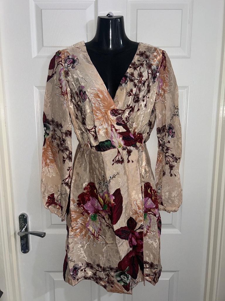 Next Dresses Floral Wrap Dress Size UK 8 BNWT Beige Mini Dress Long Sleeve Occasion Party Evening