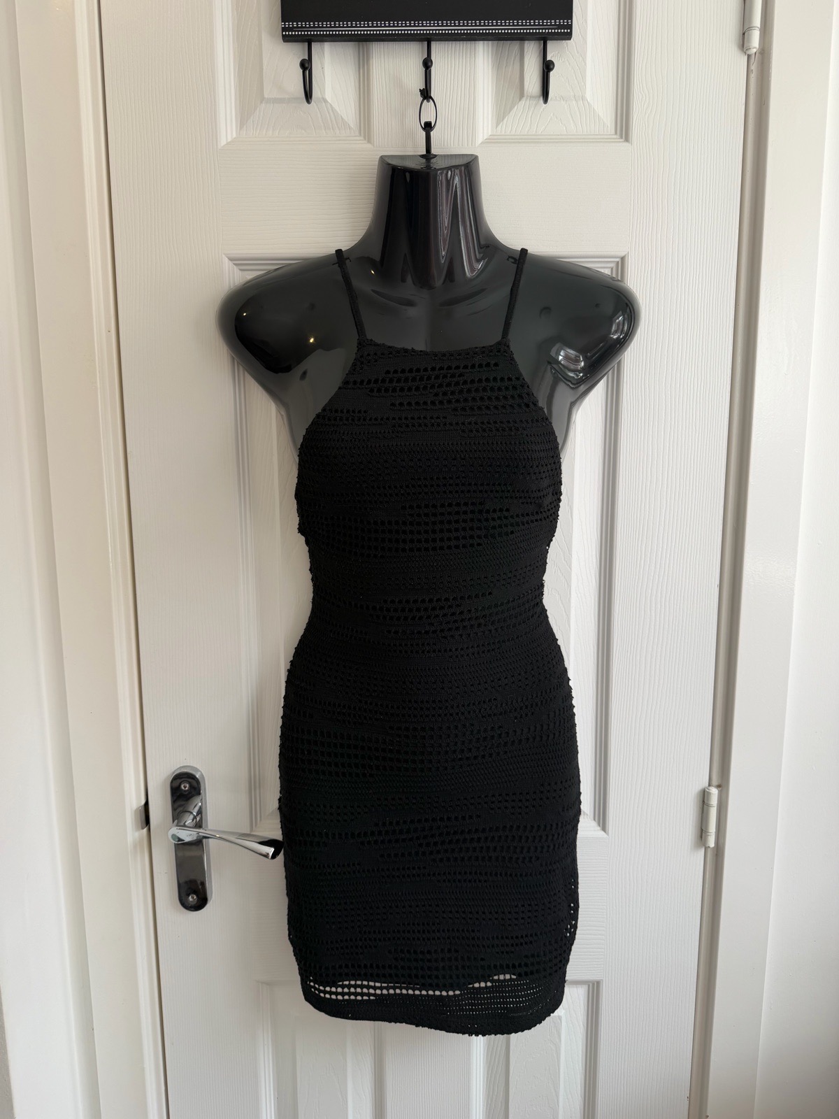 Bershka Black Crochet Open Back Mini Dress NWT Size XS UK 6 Bodycon