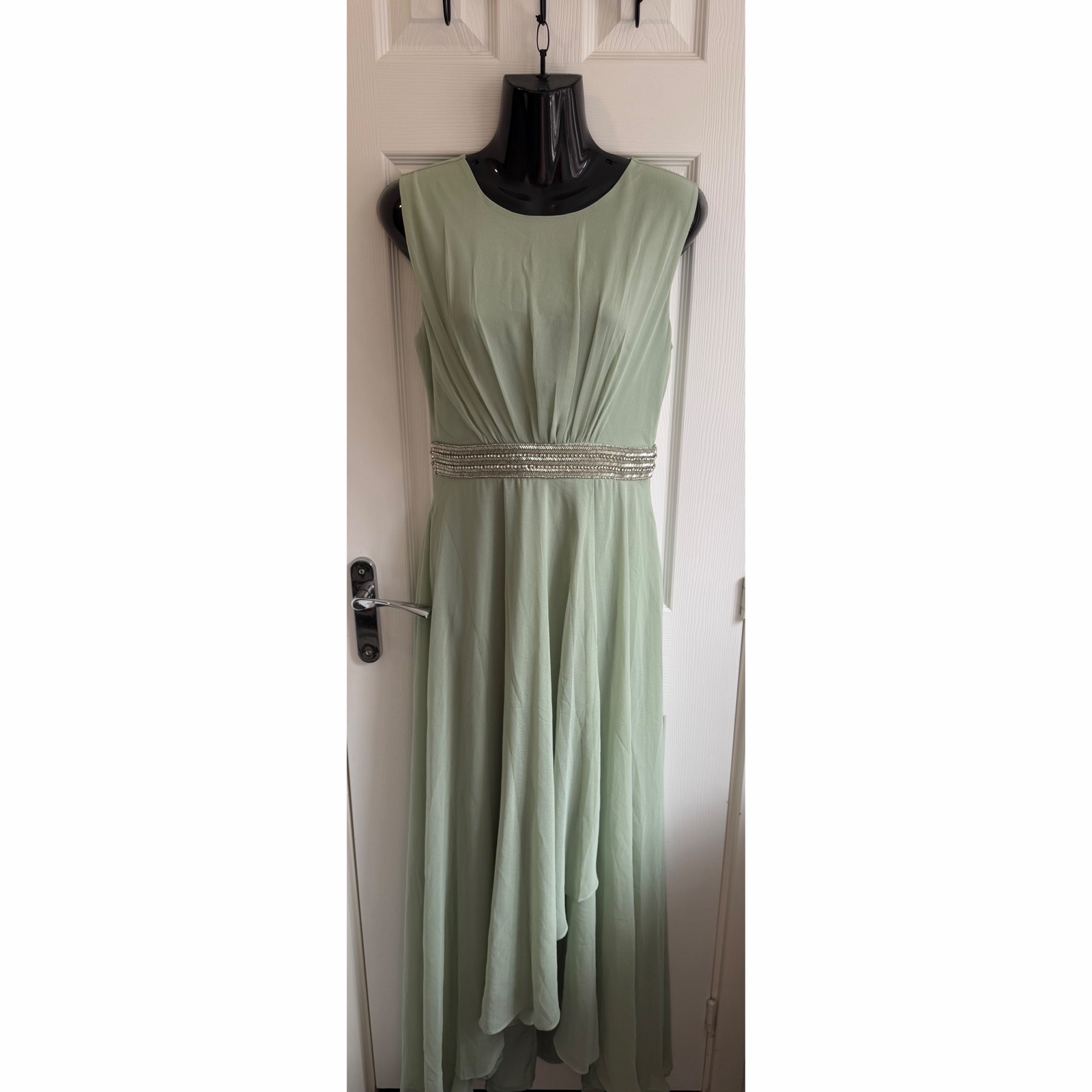 Quiz Sage Green Embellished Waist Maxi Dress UK 8 Open Back Tie Bridesmaid