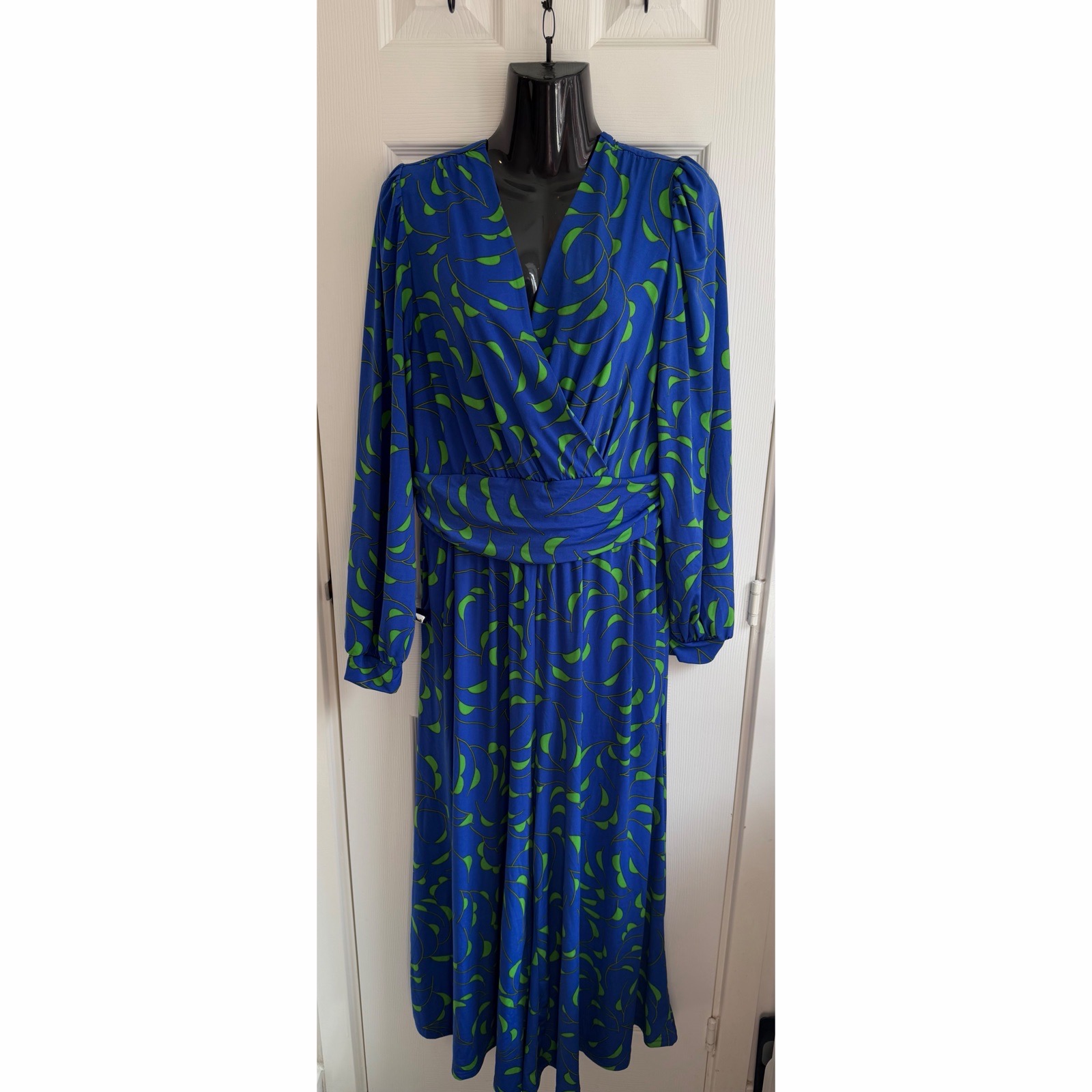 Jolie Moi Devora Blue & Green Leaf Print Long Sleeve Wide Leg Jumpsuit UK 16 BNWT