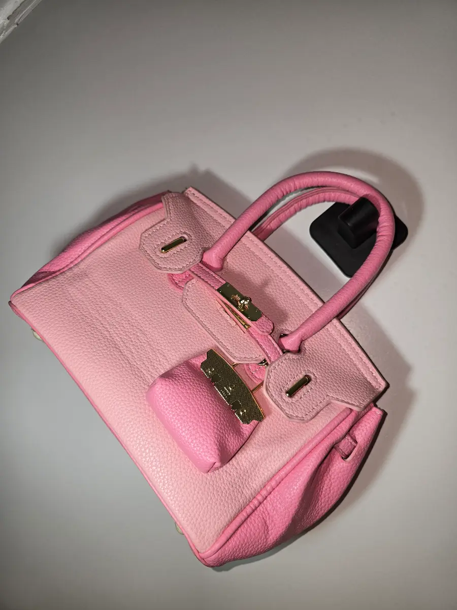 Pink Faux Leatherette Mini Satchel Top Hand Bag, Gold Hardware, Strap