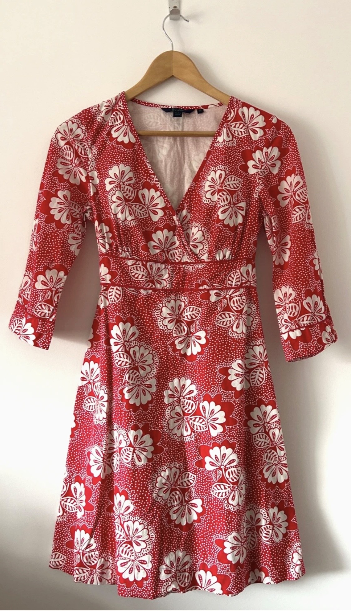BODEN Summer Dress Size 8 Red Cotton Lined V Neck 3/4 Sleeves Bohemian Whimsy