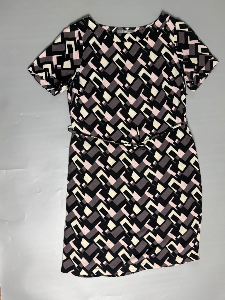M&S Geometric Print Dress UK 12 Pink Black Belted