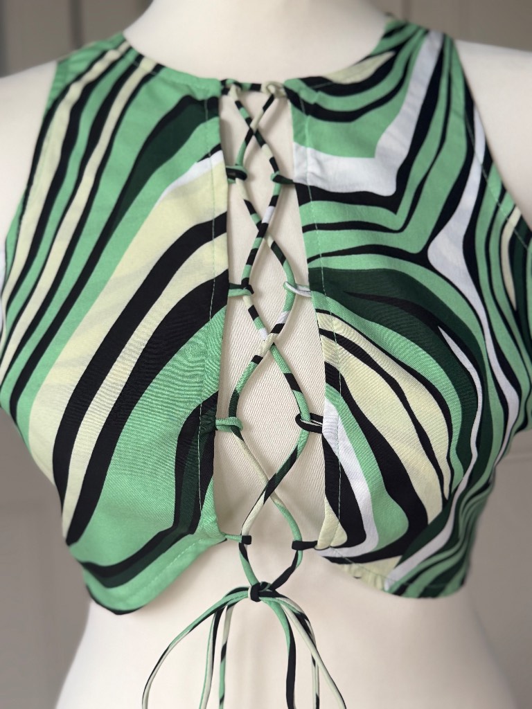 Lola May Lace Up Crop Top Size 10 - Green & Black Retro Print - NWT