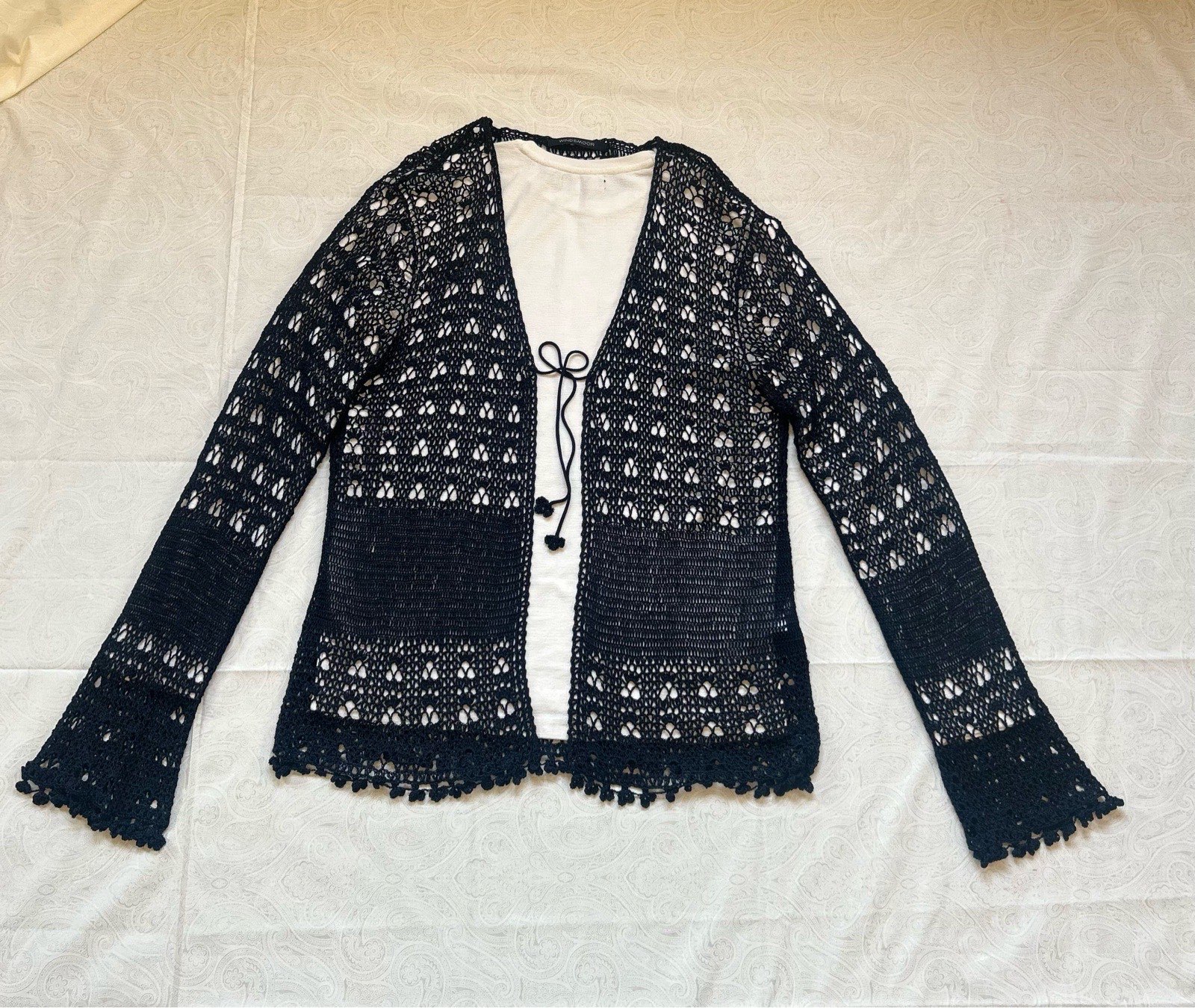Vintage Windsmoor navy blue Crochet Cardigan Size L long sleeve tie front 100% viscose