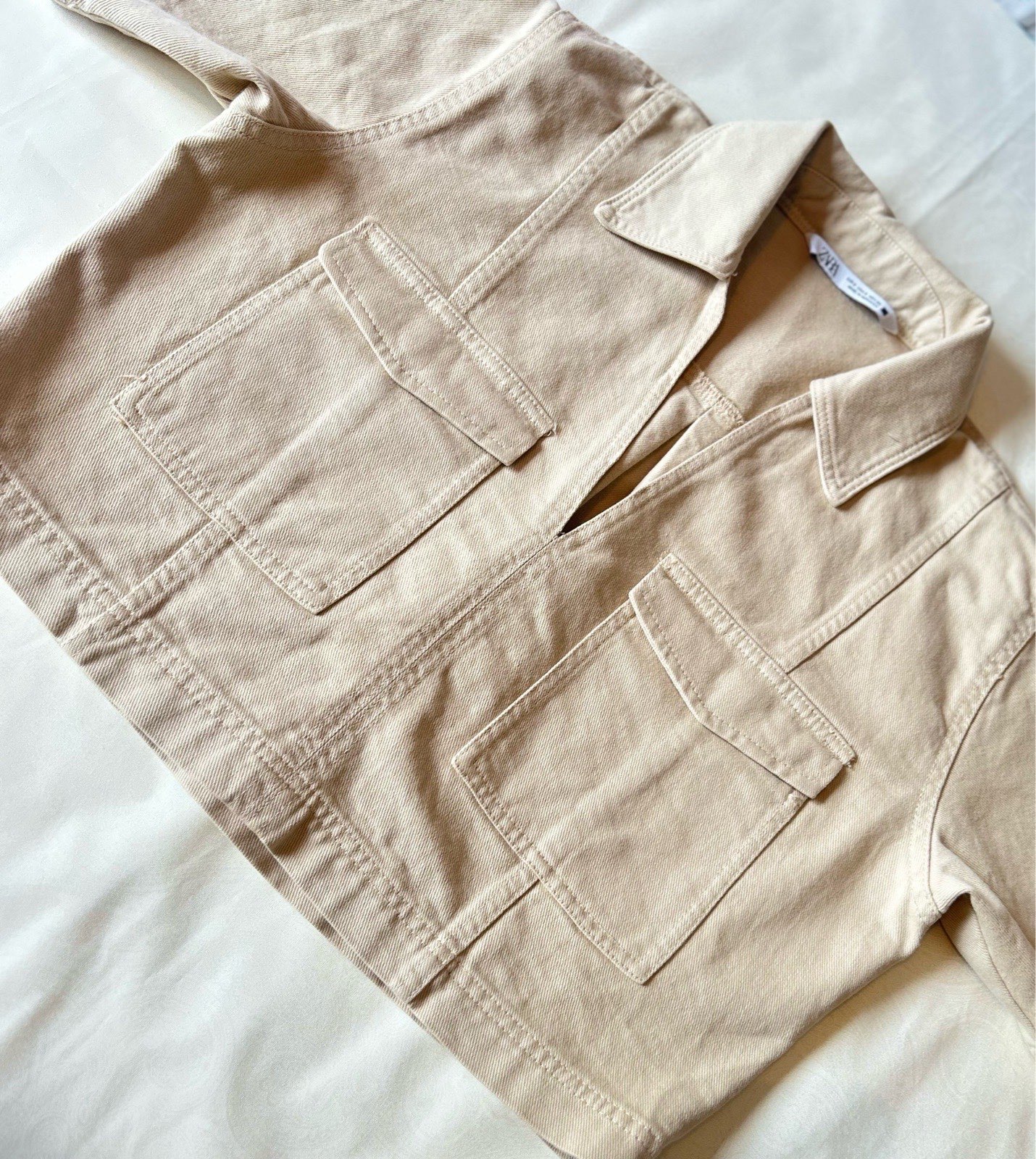 Zara Beige Denim Crop Top, Short Sleeve Cargo Pocket Y2K Minimalist Streetwear size S