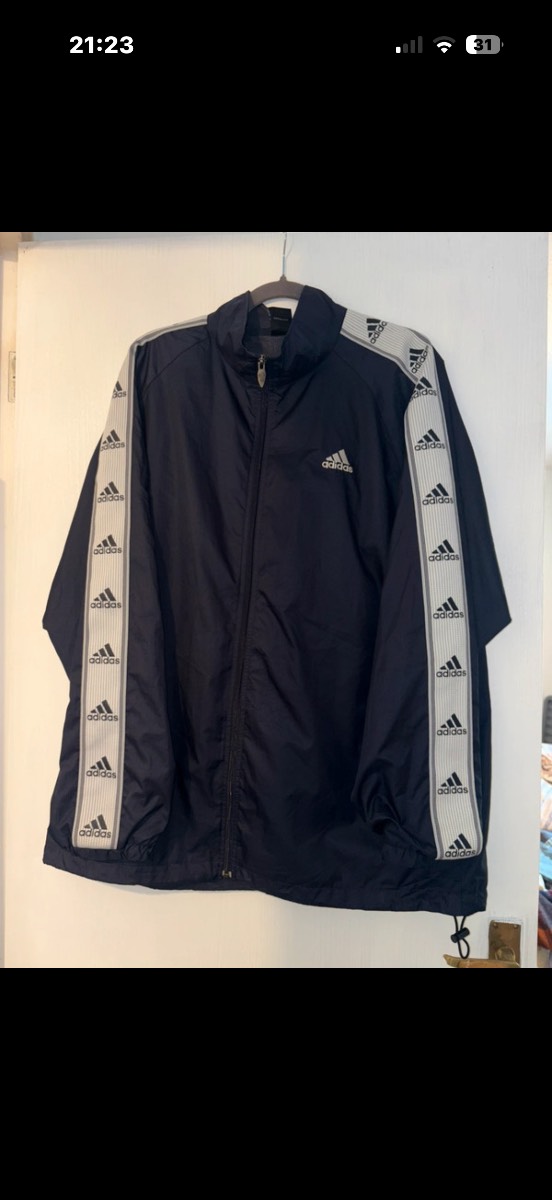 Vintage Adidas Spellout Logo Tape Track Jacket Windbreaker - Navy / Size L