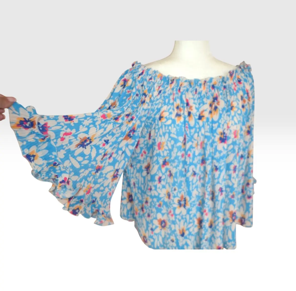 🌸 Italian Floaty Pleated Off-Shoulder Blouse – UK 14–16 – Effortless Style 🌸