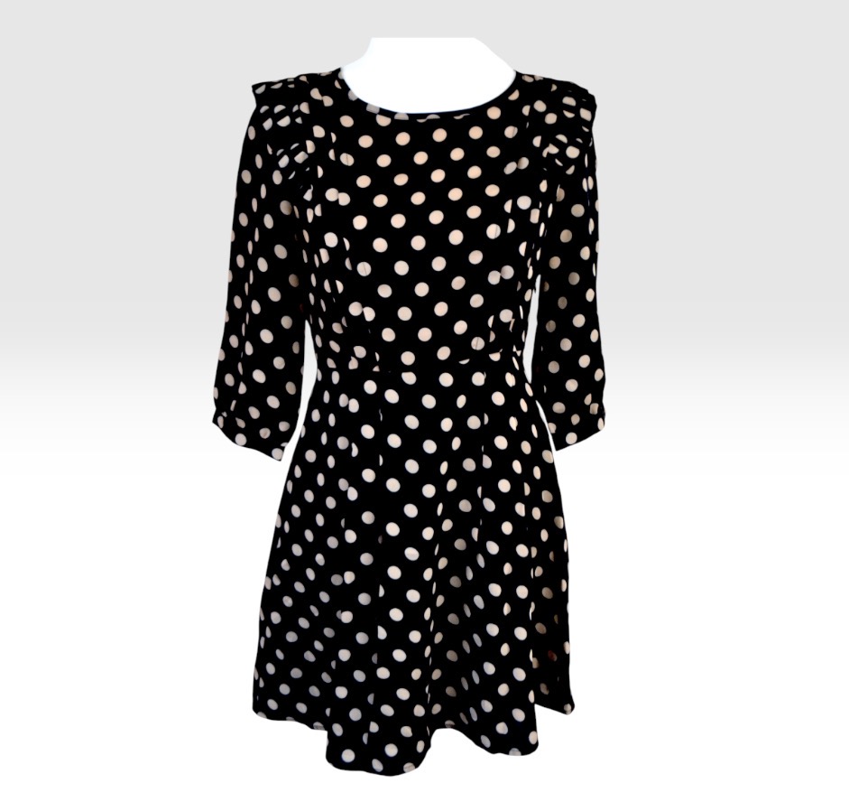 🤎 Pins & Needles Black & Beige Polka Dot Dress | ¾ Sleeve | Flared Skirt | Small 🤎