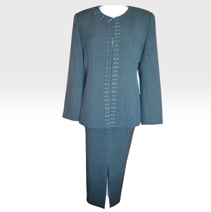 🧵Vintage 1980s Rosan Grey Blue/Grey Skirt Suit | Silk Linen | Pencil Skirt | UK 12 🧵