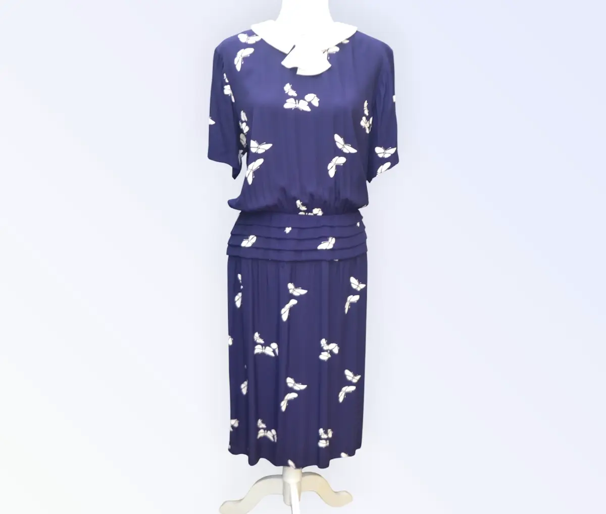 💙 Vintage 1980s Maggy London Floral Midi Dress UK 12-14 Navy White Rayon Retro Boho 💙