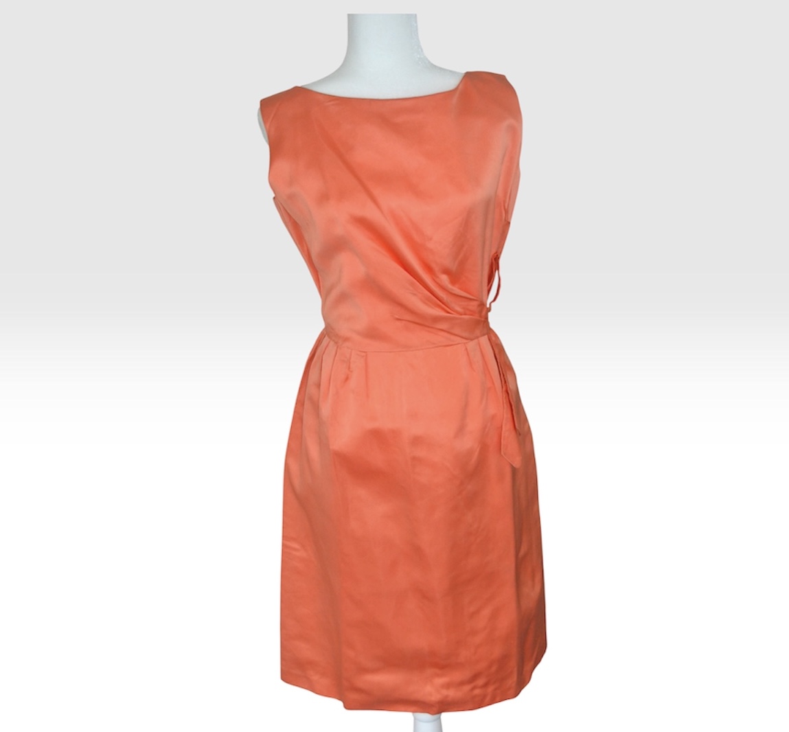 💗✨ Vintage 1960s Rare Duprez of London Salmon Pink Satin Dress UK 12-14 Retro Occasion Dress ✨💗