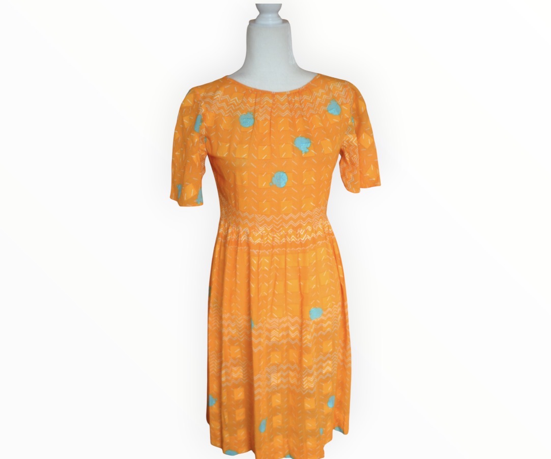 🧡✨Vintage 1980s Orange Print Cotton Fit & Flare Dress | UK 8–10 🧡